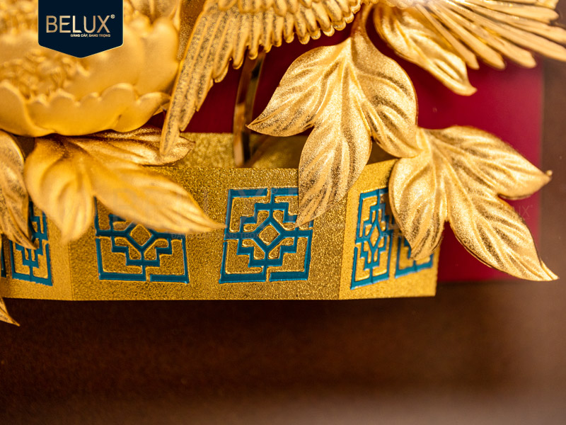 Tranh Đôi Chim Hỷ Tước Mẫu Đơn Dát Vàng 24k- 24x24 cm